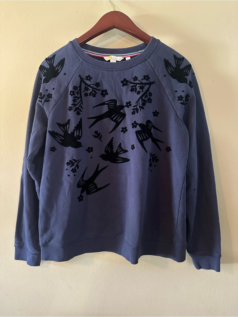 Boden Navy Magical Velvet Bird Crewneck Sweatshirt, Sz M